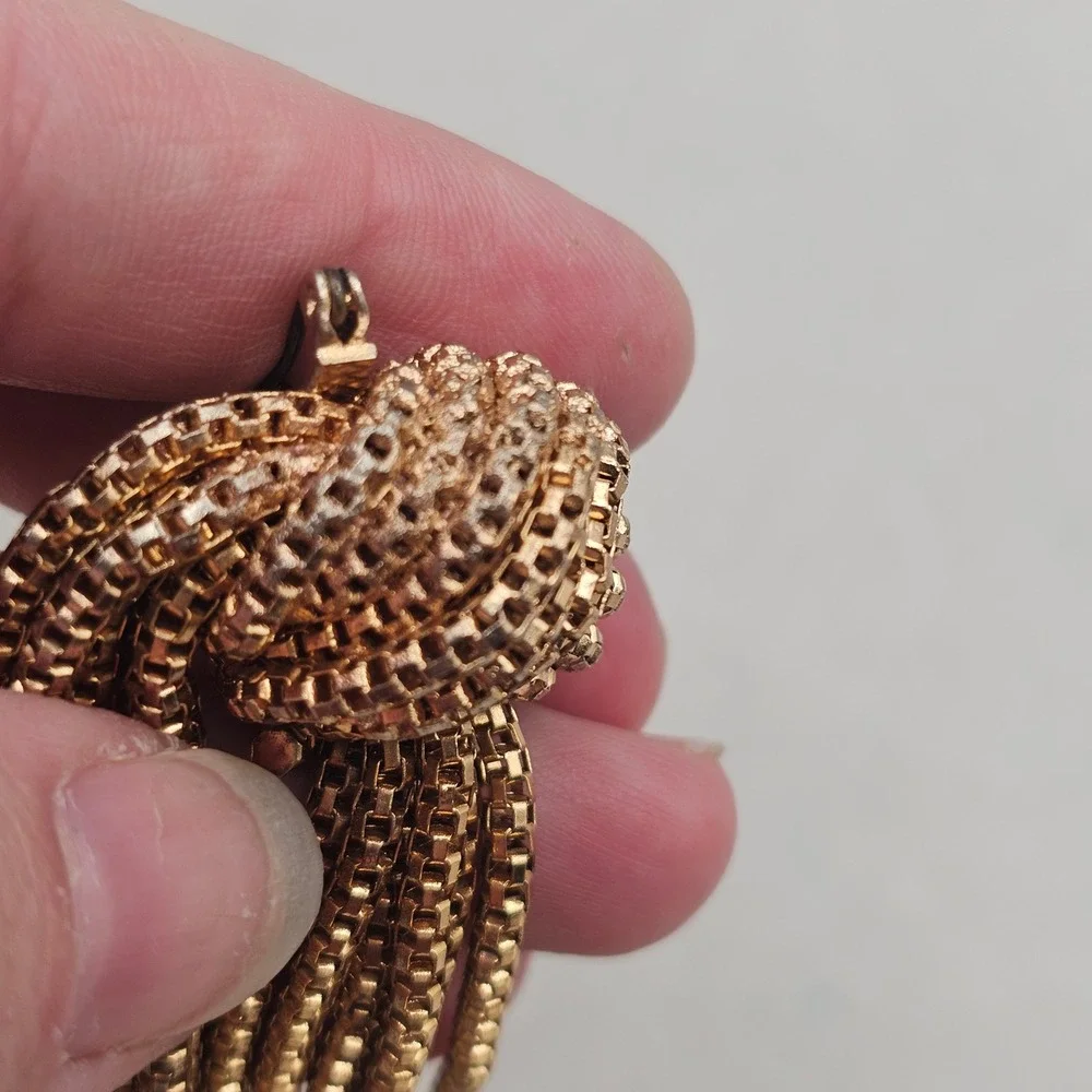 Vintage Gold Tone Knotted Tassel Brooch Statement Fringe Pin Uneven Cascade